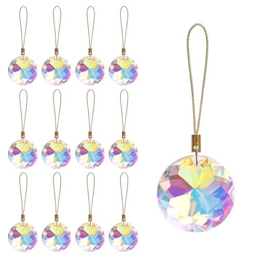 LUMITI 12 Pcs Crystal Glass Christmas Balls Ornaments, 1.18″ Mini Round Prism Flower Xmas Tree Decorations, Hanging Ornament for Wedding Party Home Decor (Crystal AB)