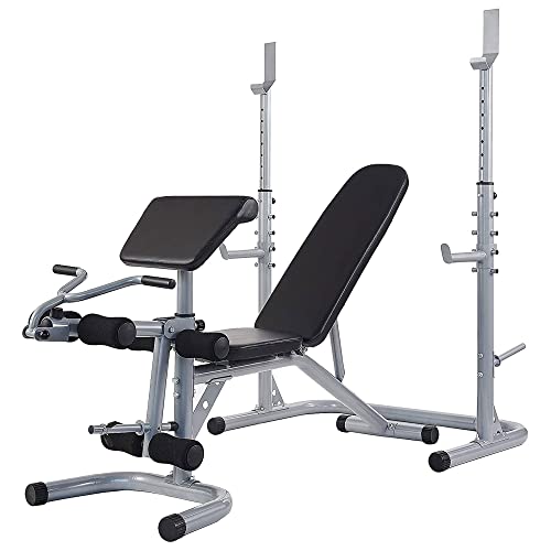 BalanceFrom RS 60 Multifunctional Workout Station Adjustable Olympic Workout Bench with Squat Rack, Leg Extension, Preacher Curl, and Weight Storage, 800-Pound Capacity, Gray