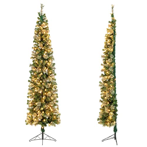 Goplus 7ft Pre-Lit Half Christmas Tree, Artificial Xmas Tree with 150 Warm White Lights, 403 Branch Tips, Folding Metal Stand, PVC & Pine Needles, for Indoor Office Home Decor