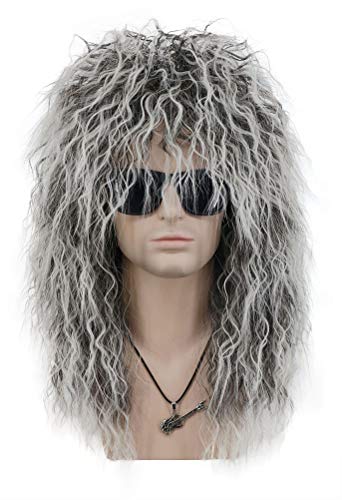 VGbeaty Adult Men Women Long Curly Gray Gradient White Wig 70s 80s Rocker Mullet Halloween Costume Cosplay Wig
