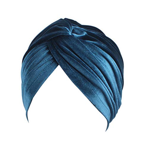 Fxhixiy Women's Stretch Velvet Twist Pleasted Hair Wrap Turban Hat Cancer Chemo Beanie Cap Headwear (Teal)