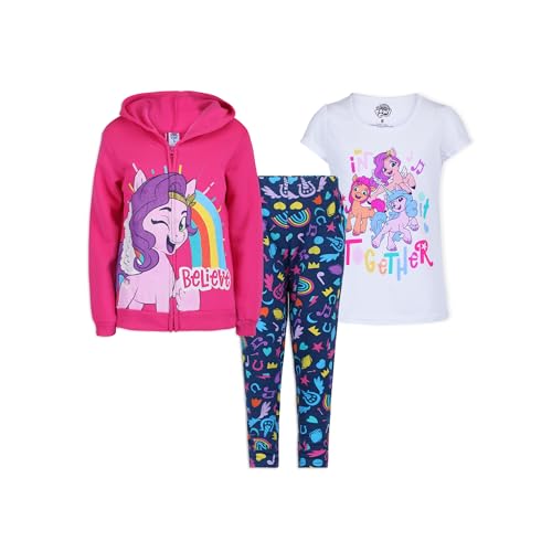 My Little Pony Hasbro Girls’ Zip Up Hoodie, Short Sleeve Tee and Legging Pants Set for Little and Big Kids – Pink/White/Blue