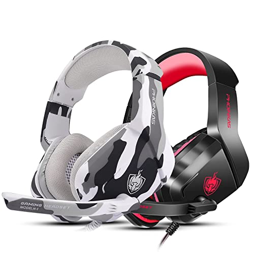 PHOINIKAS 2 PCS H1 Gaming Headset(Camo & Red), for PS4, Xbox One, PC, Laptop, Nintendo Switch, Over Ear Headphones with Noise-Cancelling Mic