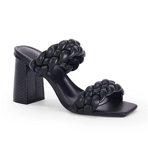 Syktkmx Women's Braided Heeled Sandals Backless Square Open Toe Block Slide Sandals, Black, Size 6