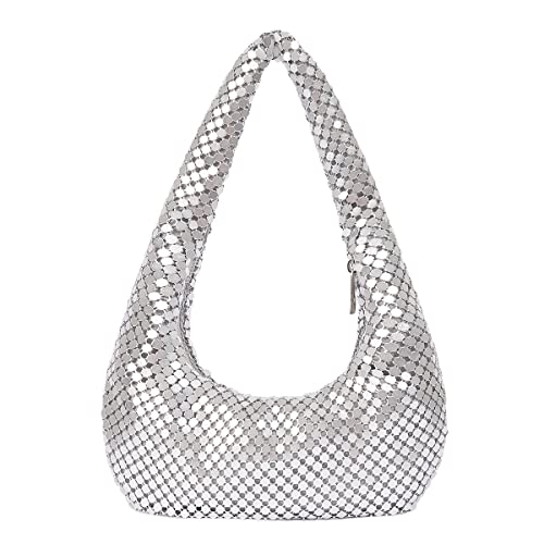 JYG Hobo Bag for Women Shiny Evening Handbag Fashion Designer Purses for Travel Vacation 2023 (Silver)
