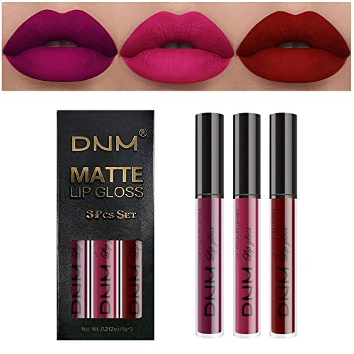 AMY'S DIARY 3Pcs Dark Red Purple Matte Liquid Lipstick Sets, Matte Lipstick Lip Stain Long Lasting 24 Waterproof Lip Gloss Gift Set Matt Lipsticks Set for Women Lippies (Set01)