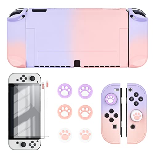 DLseego Switch OLED Protective Case Dockable Hard Shell Anti-Scratch Cover Joycon Accessory Skin with 6PCS Thumb Grips Caps and 2Pc Screen Protectors - Gradient Pink and Purple