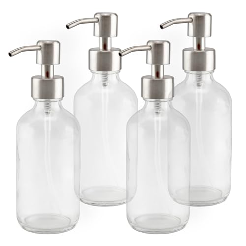 Cornucopia Brands 8-Ounce Clear Glass Boston Round Bottles w/Stainless Steel Lotion Pumps (4-Pack); Empty Refillable Liquid Soap & Lotion Bottles