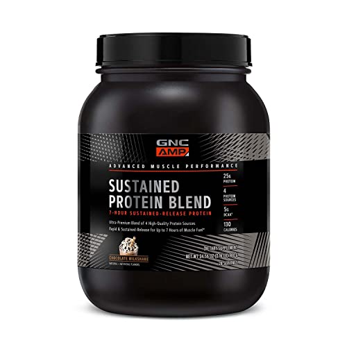 GNC AMP Sustained Protein Blend | Targeted Muscle Building and Exercise Formula | 4 Protein Sources with Rapid & Sustained Release | Gluten Free | Chocolate Milkshake | 28 Servings