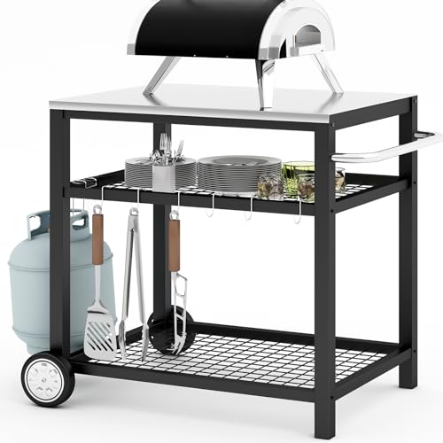 GHENOVA Movable Food Prep and Work Cart Table Stainless Steel Grill Cart Modular Table with Wheels Handle & Hooks Double-Shelf Commercial Kitchen Table Heavy Duty Grill Cart Outdoor Cart