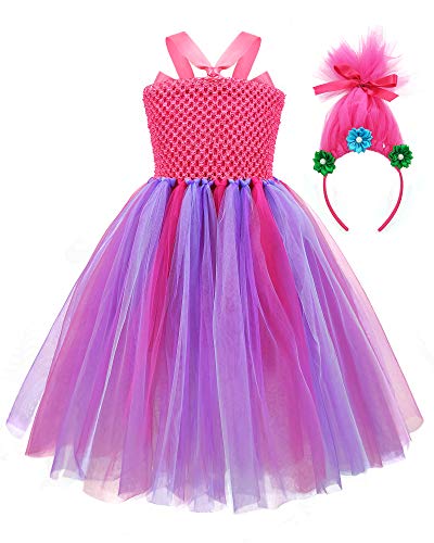 Trolls Costumes Little Girls Princess Poppy Cosplay Birthday Halloween Toddler Kids Baby Tutu Dresses with Headband Rose Red