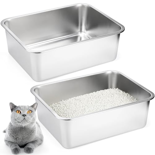 Lawei 2 Pack Stainless Steel Cat Litter Box, Rust Proof Metal Cat Box with High Sides, Large Litter Pan, Pet Toilet for Cat Kitten Rabbit, Easy to Clean, Non Stick and Non Odor,17.5 x 13.5 x 6 Inch