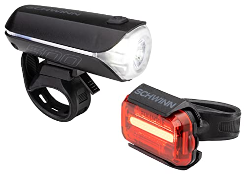 Schwinn LED Bike Light Headlight and Tailight, USB Rechargeable, 500L Light Set, Black