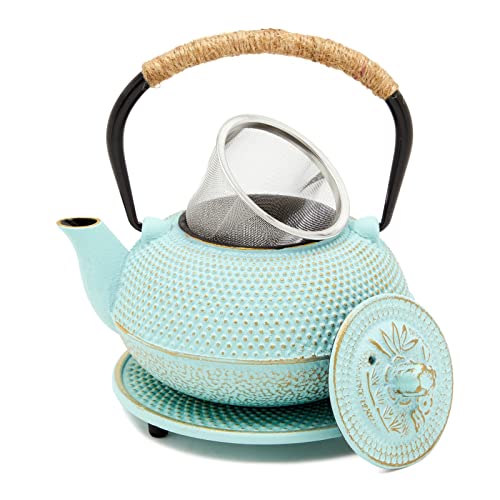 Cast Iron Teapot with Infuser - Japanese Tea Kettle, Loose Leaf Tetsubin with Handle and Trivet (Green, 3 Pcs, 18 oz,500 ml)