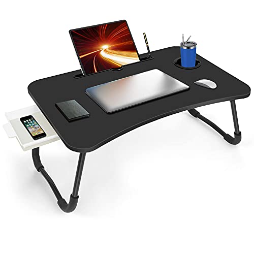 Fayquaze Laptop Bed Table, Portable Foldable Laptop Bed Desk with Storage Drawer and Cup Holder, Lap Desk Laptop Stand Tray Table Floor Table Serving Tray for Eating, Reading and Working