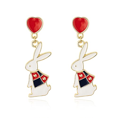 Vintage Red Heart Alice Bunny Easter Earrings, Fashionable Statement Earrings for Women & Girls, Fun Jewelry as Easter Party Outfit Ornament