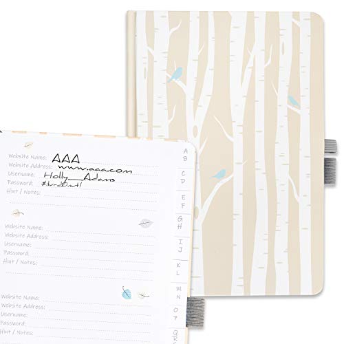 Password Book Logbook with Tabs by Budget Keeper- Password Organizer-Large Size Record Book with Pen Loop and Book Closure for Username & Password Record Keeping (Birch Trees & Birds)