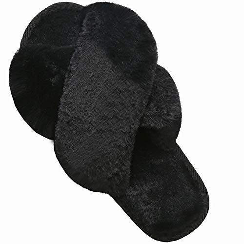 LZLER Women Fuzzy Fluffy Furry Slippers Fur Flip Flop Open Toe Slippers Cross Band Shoes Slides for Ladies House Home Indoor Outdoor(Black,9)