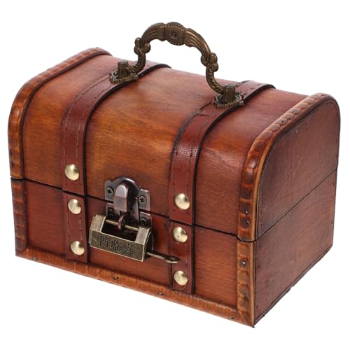 GARVALON Box Wooden Treasure Chest Wood Pirate Chest Wooden Jewelry Storage Case Pirate Treasure Chest Jewelry Container Trinket Case Piggy Bank Small Wooden Chest Props Metal Desktop Miss