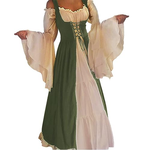Abaowedding Womens's Medieval Renaissance Costume Cosplay Chemise and Over Dress Small/Medium Olive and Ivory