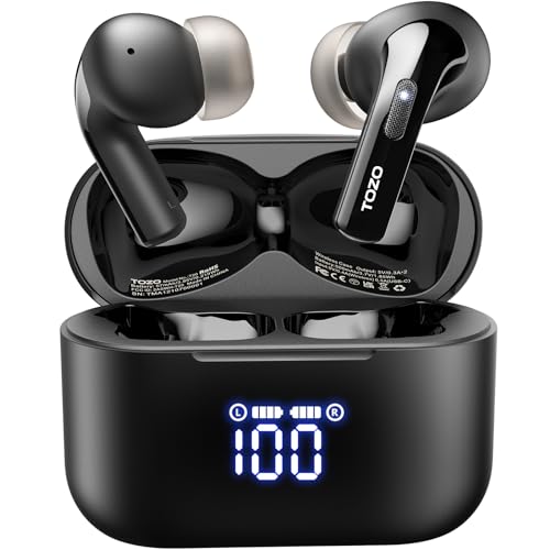 TOZO T20 Wireless Earbuds Bluetooth Headphones 48.5 Hrs Playtime, IPX8 Waterproof, Dual Mic Call Noise Cancelling with Wireless Charging Case Black