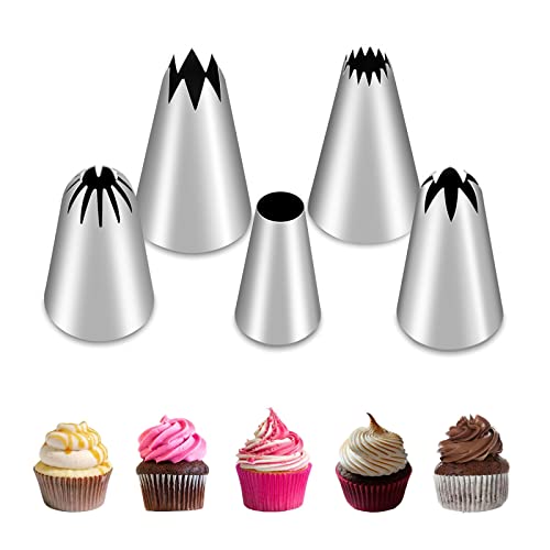 5Pcs Large Piping Tips Set, Stainless Steel Frosting Tips, Cake Decorating Tips for Cupcakes Cakes Cookies Decorating