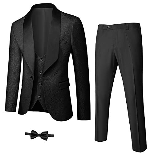 YND Men's 3 Piece Slim Fit Tuxedo Set, Solid Shawl Collar Jacquard Jacket Vest Button Pants, Black