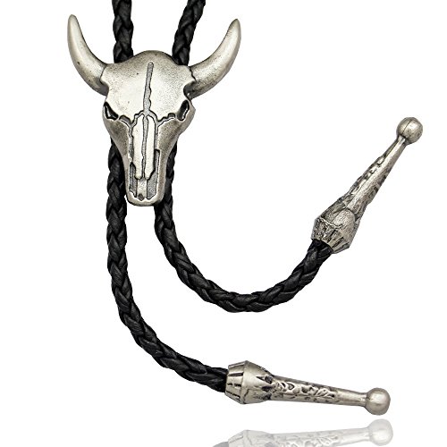 RechicGu Vintage Silver Western Texas Longhorn Buffalo Steer Cow Skull Leather Rodeo Bolo Tie Necktie