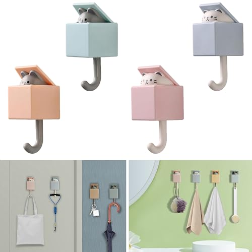 FUZSKWID 4 Pcs Cute Pet Hooks，Cat Key Hooks for Wall，Creative Adhesive Coat Hook for Coat, Scarf, Hat, Towel,Key, Bag, Utility Cat Hook for Wall Hanging Decorations(4 Colors)