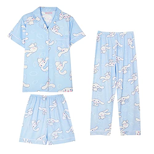Zmioviq Women's Pajamas 3 Piece Sets, Cute Cartoon Print Sleepwear Short Sleeve Shirt with Casual Long Pants and Short