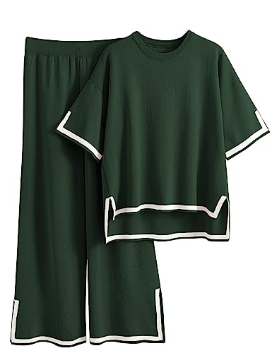 Tanming Sweater Sets Women 2 Piece Lounge Sets Short Sleeve Knit Pullover Tops Wide Leg Pants (ArmyGreen-XL)