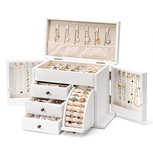 Poyilooo Jewelry Box Organizer, Solid Wood Jewelry Boxes for Women for Storage & Display Necklace Ring Earring Bracelet, Rustic Style Jewelry Organizer Box for Women Gifts (Weathered White)