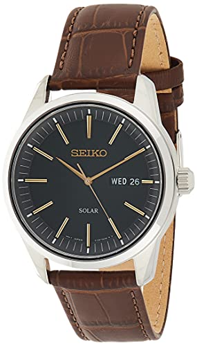SEIKO SNE529 Watch for Men - Essentials - Light-Powered with Dark Green Dial, Date Calendar, Leather Bracelet, 100m Water-Resistant