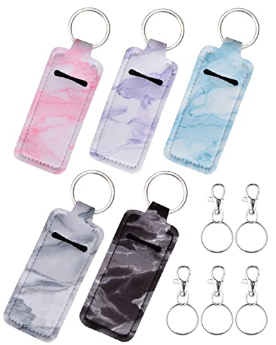 Meiiy Chapstick Holder Keychain Lip Balm Keychain Lipstick Sleeve Pouch Portable Pocket Lip Gloss Tube Holder Stocking Stuffers Gift for Women (5pcs-marble)