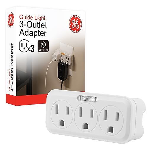 GE 3-Outlet Extender Wall Tap with Guide Light, Grounded Adapter, 3-Prong, Cruise Essentials, Indoor Rated, Use for Home Office School Dorm, UL Listed, White, 14494