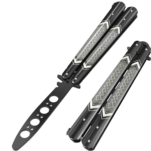 GOOD WORKER Butterfly Trainer - Practice Balisong Butterfly Knives NOT Real NOT Sharp Blade - Cool Design - Black Dull Trick Butterfly - Butter Fly Training K14B