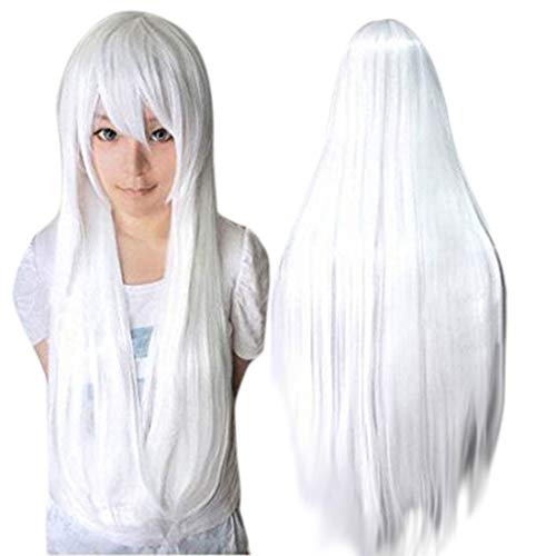 Anogol Hair Cap+32Inch/80Cm Long White Wig Straight Synthetic Wig White Cosplay Wig, White Wig with Bangs for Anime Cosplay Wig, Peluca Blanca Long Straight Wig for Halloween Costume Party Cosplay Wig