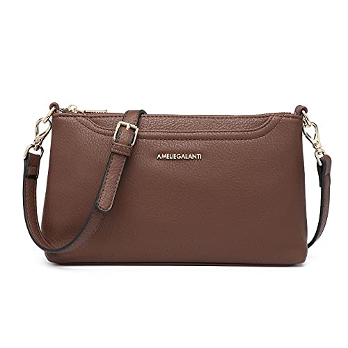 AMELIE GALANTI Small Medium Size Crossbody Bag purse for Women,leather Shoulder handbag with Adjustable Strap (D brown)