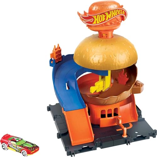 Hot Wheels Toy Car Track Set City Burger Drive-Thru Playset & 1:64 Scale Car, Connects to Other Sets & Tracks