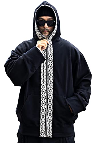Mukha Men's Full-Zip Hoodie Jacket with Ethnic Band Sweatshirts Oversized Pull-Up Casual Coat Black