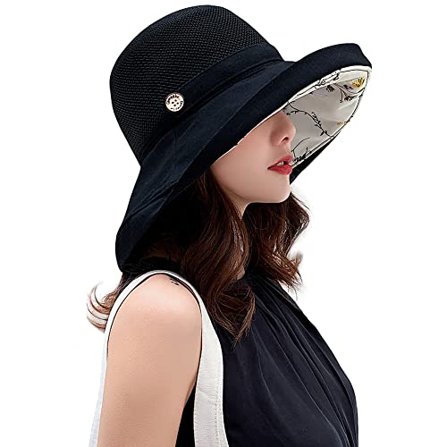 Women Mesh Sun Hats Summer Beach UV Protection UPF Packable Wide Brim Chin Strap (Black)