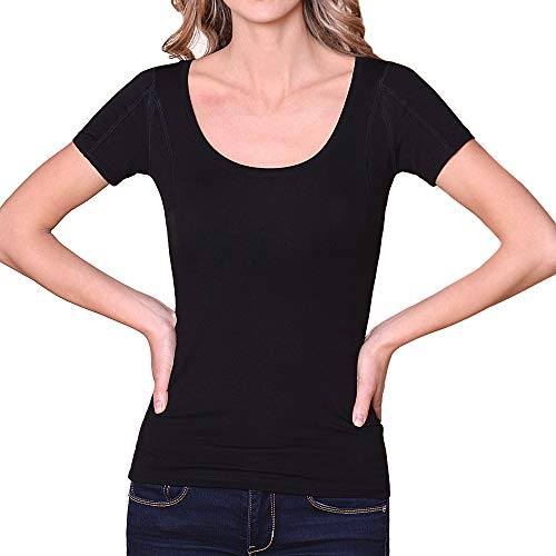 Sweatproof Undershirt for Women, Scoop Neck, Black, Sweat Pads (Small)