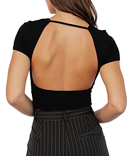 ForeFair Women Sexy Backless Crop Top Y2k Short Sleeve Slim Fit Crewneck Summer Cauasl Solid Crop Tee(Black,XS)