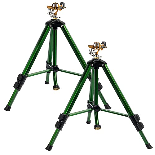 Hourleey Impact Sprinkler on Tripod Base, 2 Pack Heavy Duty Sprinklers for Lawn Yard Garden, 0-360 Degree Large Area Coverage, 3/4 Inch Connector Extension Legs Flip Locks with Brass Head