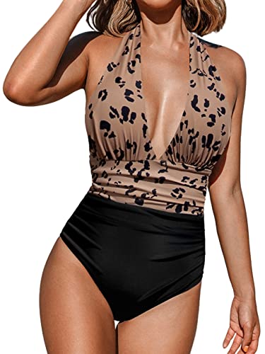 CUPSHE Women Swimsuit One Piece Bathing Suit V Neck Halter Ruched Tummy Control Animal Print Backless, M Black/Leopard