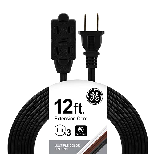 GE home electrical GE 3 Power Strip, 12 Ft Extension Cord, 2 Prong, 16 Gauge, Twist-to-Close Safety Outlet Covers, Indoor Rated, Perfect for Home, Office or Kitchen, UL Listed, Black, 45152