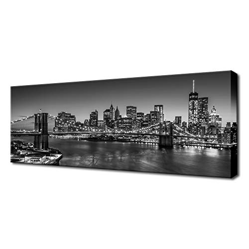Biuteawal - Black and White Brooklyn Bridge Canvas Wall Art New York City Picture Print Manhattan Night Skyline Painting on Canvas Modern Home Office Wall Decoration Ready to Hang