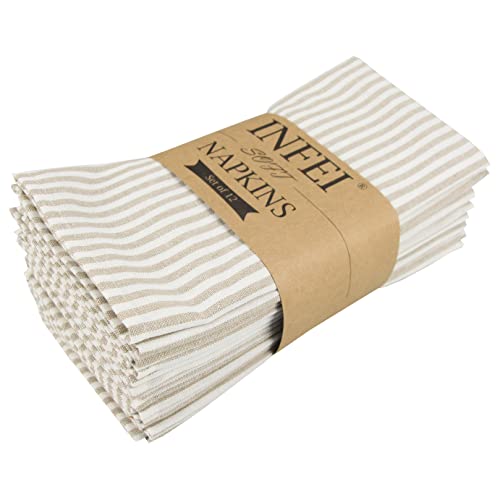 INFEI Plain Striped Cotton Linen Blended Dinner Cloth Napkins - Set of 12 (40 x 30 cm) - for Events & Home Use (Beige)