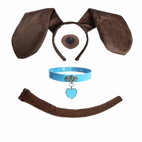 4Pcs Brown Puppy Dog Ears Headband Nose Tail with Blue Collar Animal Accessories for Adult Kids Halloween Party Supplies