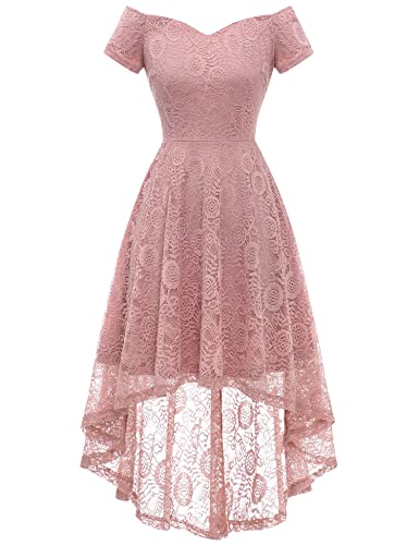 Dressystar Womens Off The Shoulder Short Sleeve High Low Cocktail Skater Dress Floral Lace Dresses for Women A-line Swing Party Dress LF20 Blush XL